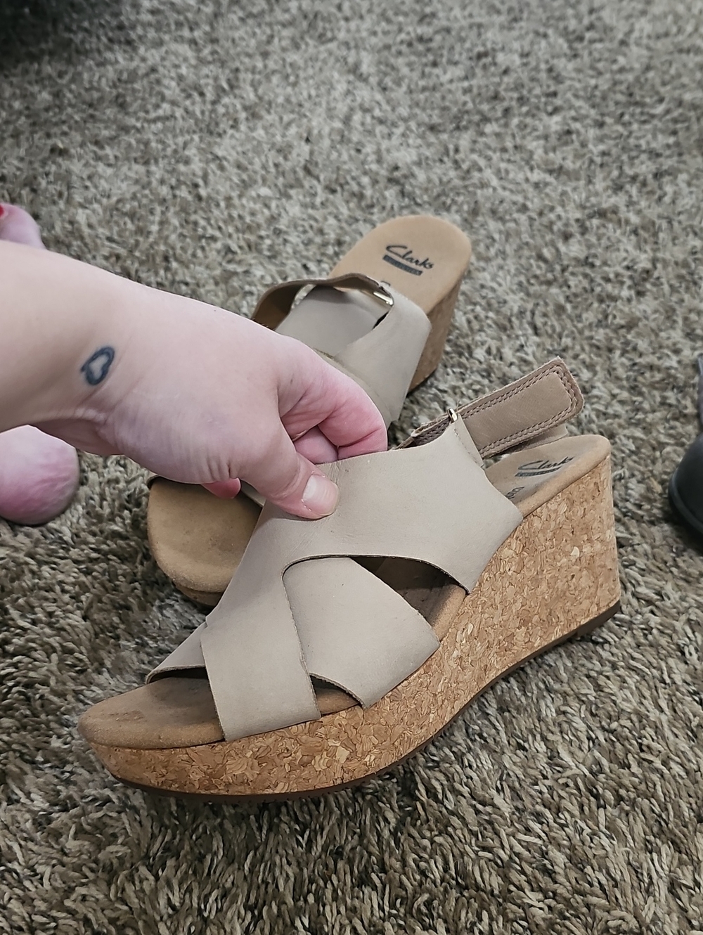 Clarks Taupe Leather Cork Wedge Sandals
